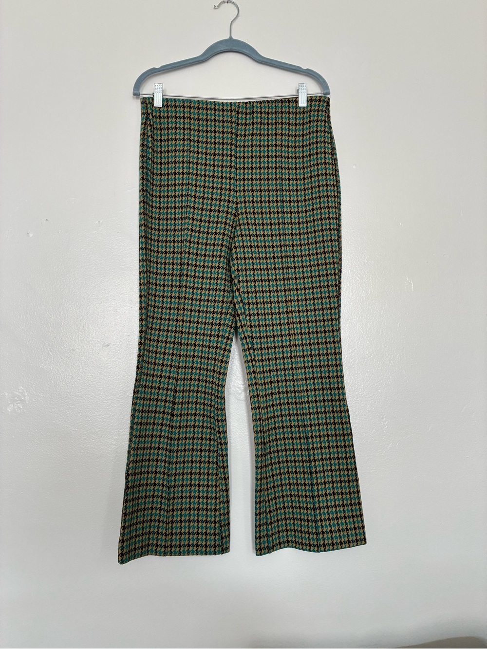 Anthropologie Maeve Green & Brown Houndstooth Flare Pants